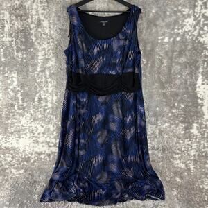 Perceptions Plus Size 22W Abstract Midi Shift Dress Blue Sleeveless Scoop Neck